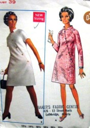 5156 BUTTERICK 1968 ASYMMETRIC MANDARIN DRESS PATTERN  20 1/2 43''B OR 14 1/2 37"B